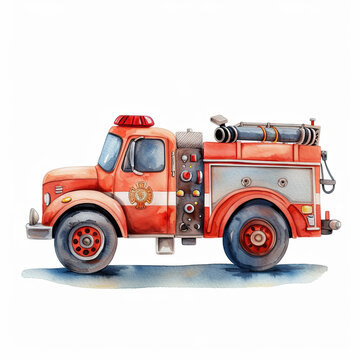 Cute hand drawn watercolor fire engine emergency service childs poster wall art