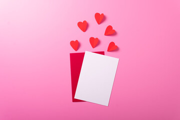 envelope pink background rose valentines day celebrate holiday top angle top view mockup red heart 