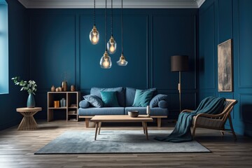 Interior of a contemporary blue living room with traditional blue, the 2020 interior design color of the year