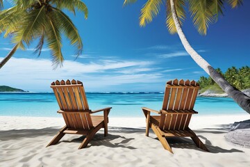 Realistic tropical beach with palm leaves framing, white sand and turquoise ocean