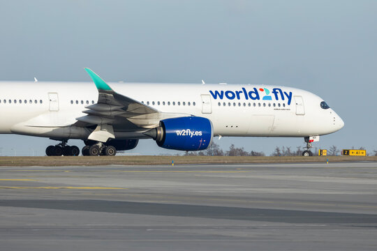PRAGUE - December 27, 2023: World2Fly Airbus A350-941 REG: EC-NOI at Vaclav Havel Airport Prague. From Bratislava to Prague. World2Fly is an airline based in Palma de Mallorca, born in 2020.
