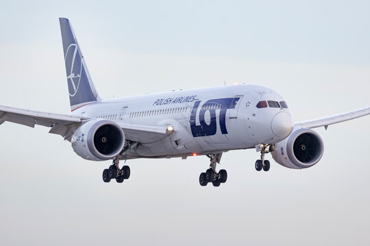 PRAGUE - December 27, 2023: LOT Polish Airlines Boeing 787-8 Dreamliner REG:SP-LRA at Vaclav Havel Airport Prague. From Colombo to Prague. LOT is the flag carrier of Poland.