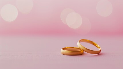 Close up of two gold wedding rings on soft pink bokeh background with space for text placement