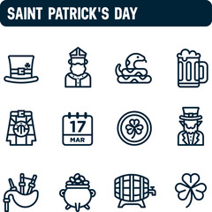 Saint Patrick's Day icons. Ireland festival vector set. Outline icon design. Leprechauns, beer and Irish roots.