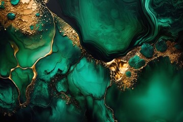 Emerald Elegance: High-Resolution Fluid Art with Gold Accents. Green and Gold Marble Alcohol Ink Drawing Effect
