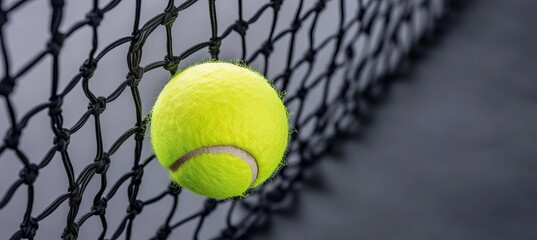 Yellow tennis ball flying into net on dark background with copy space, sports equipment concept.