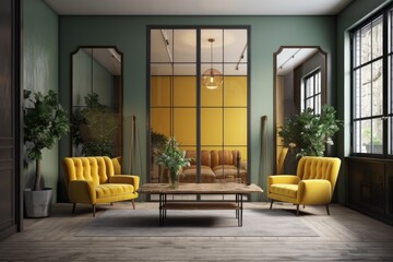 Living room interior with yellow armchairs, green walls, loft windows, concrete flooring, and a vertical frame mirror next to a potted plant