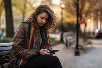 Mindful woman is texting on smartphone.She networks in social media, uses public wi-fi or internet provided by cellular communication system. Woman with tense facial expression. - 725080382