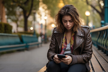 Mindful woman is texting on smartphone.She networks in social media, uses public wi-fi or internet provided by cellular communication system. Woman with tense facial expression.  - 725080384