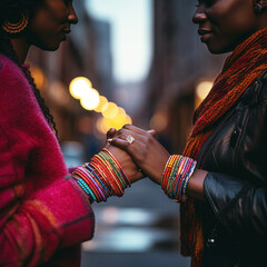 Loving LGBT couple on evening city street. Couple of afro-american women holds hands. Symbol of moral support, engagement event, love without limits. Ethnic bracelets on unrecognizable women.  - 725080388