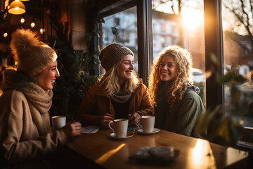Three laughing woman sit in cafe with cups of coffee in winter season. Bright sunlight lits through restaurant window. Gathering with friends at cozy place.  - 725080389