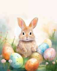 Easter greeting card. Curious fluffy bunny sits among colorful easter eggs in grass. Cute spring postcard for religious holiday. Watercolor style,  with copy space.