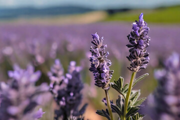 Obraz premium Lavendelplfane in Nahaufnahme auf einer Lavendelplantage. Zoom einer Lavendelplanze. Lavendel Hintergrund bild