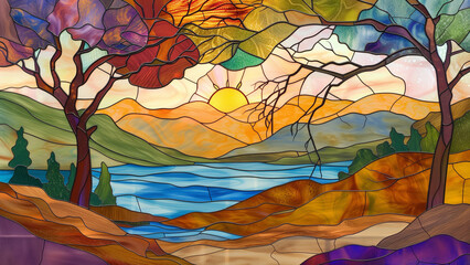 Serenity in Glass: A Mottled Stained Glass Landscape