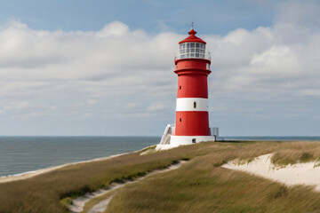 Fototapeta na wymiar Leuchtturm auf einer Sandigen Küste mit leicht bewachsenem Grasland. Der Turm ist rot weiß und am Tag und in der Nacht weit zu sehen. Das Leuchtturmlicht strahlt über das Meer