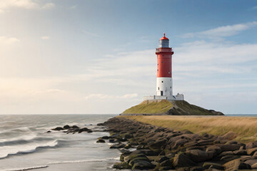 Leuchtturm an einer Steilen küste zur Mittagszeit. Der Leuchtturm steht erhöht an einer felsigen Küstenlandschaft und bietet einen atemberaubenden Anblick