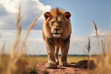 Ein einsamer Löwe dominiert das Grasland. Mit seiner Mächtigen Statur ist der Löwe eines der erfolgreichsten und stärksten Raubtiere.