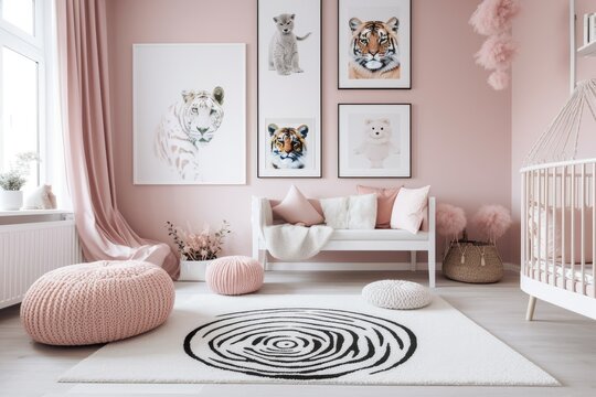 Pink pillow in the cradle, posters on the wall, and carpet in the white interior of the child's room. actual picture
