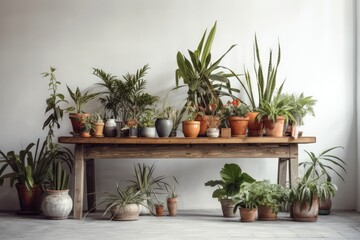 houseplants on an antique wooden table in front of a white wall