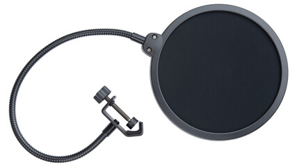 Pop Filter. Pop Filter mount for mic or microphone stand. Condenser or dynamic microphone pop filter. Professional musical, audio voice vocal equipment for broadcast podcast studio or singer artist.  - obrazy, fototapety, plakaty