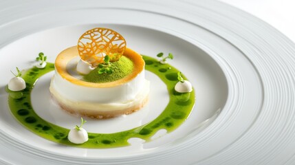  a white plate topped with a piece of cake covered in green sauce and garnished with an orange slice.