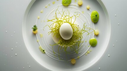  a white plate topped with an egg and veggies on top of a white table next to a small green plant.