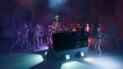 3D rendered illustration of a Skeleton DJ at the mixing console surrounded by dancing skeletons in a club atmosphere with colourful lighting and smoke effect. Halloween party. - 725081301
