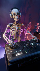 3D rendered illustration of a Skeleton DJ at the mixing console surrounded by dancing skeletons in a club atmosphere with colourful lighting and smoke effect. Halloween party. - 725081304