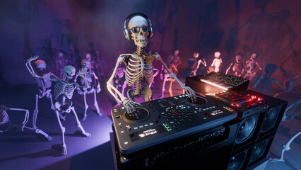 3D rendered illustration of a Skeleton DJ at the mixing console surrounded by dancing skeletons in a club atmosphere with colourful lighting and smoke effect. Halloween party.