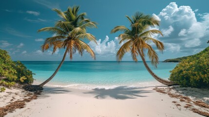 a couple of palm trees sitting on top of a beach next to a body of water with a boat in the distance.