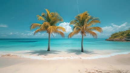  a couple of palm trees sitting on top of a beach next to a body of water with a boat in the distance.