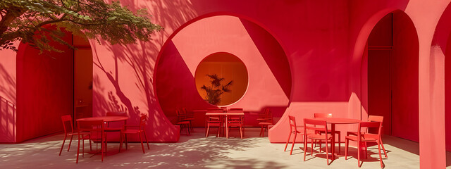 a room with red walls and chairs in