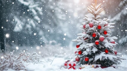 Obraz premium Christmas tree decorated with red balls amidst drifting snow in the snowfall outdoors