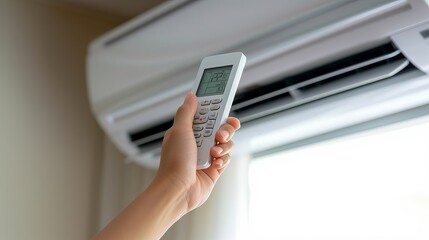Fototapeta premium White air conditioner with remote control, adjusting temperature, cooling room environment