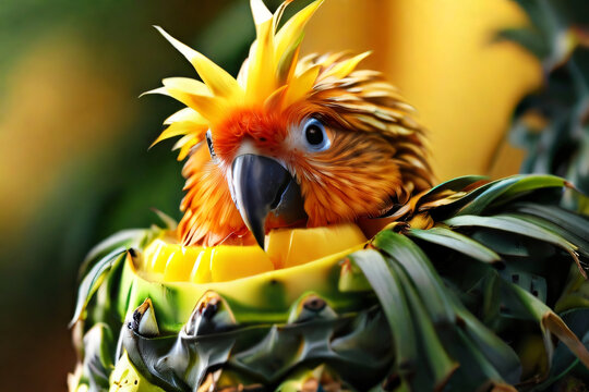 Papagei ist eine Annanas. Trollig frisst der s&uuml;&szlig;e Vogel an der Annanas. Annanas und der Papagei