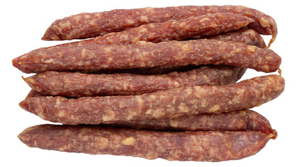 Sausages or salami. Pork or beef Kabanos sausage. Meat stick of Cabanos or Cabanossi Thin Dry Smoked Polish or Russian Sausage. Good for beer snack. High resolution food photo. Isolated background.