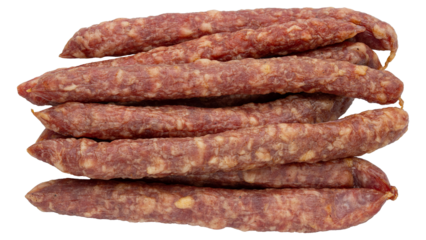 Sausages or salami. Pork or beef Kabanos sausage. Meat stick of Cabanos or Cabanossi Thin Dry Smoked Polish or Russian Sausage. Good for beer snack. High resolution food photo. Isolated background.