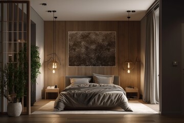 In the backdrop, a bedroom with a beige bed by the window is visible, as is a dark modern apartment with a lit horizontal poster on a gray wall in between a wooden door and a metal divider. in front