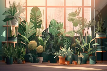 tropical indoor houseplants. Tropical plants of several varieties in a room with morning solar light. Background, green living, home decor, decoration, potted palm, and banana