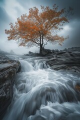 a lone tree grows on the rocks next to a flowing river 