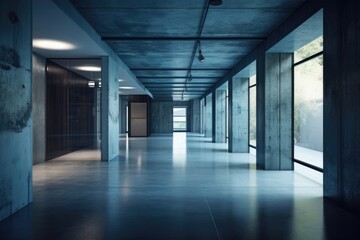 With a concrete floor, loft windows, and a line of ceiling lights, a blue empty office corridor is presented. Business, financial, and interior design concepts. a mockup