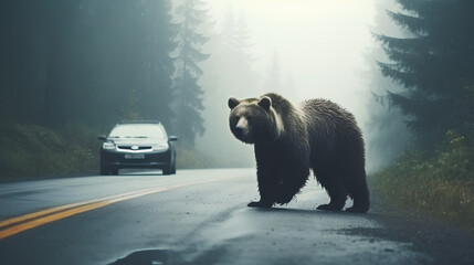 A wild bear in the middle of a road. A car behind.
