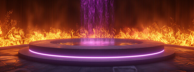 a round fireplace illuminated by neon lights in
