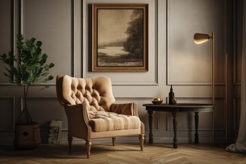 a contemporary antique living room interior Blank poster on a beige wall, white cushioned armchair 