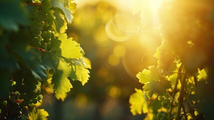  the sun shines brightly through the leaves of a grape tree in a vineyard in a rural area of the united states.