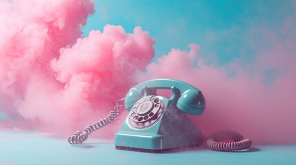  a blue phone sitting on top of a table next to a pink cloud of smoke on a blue and pink background.
