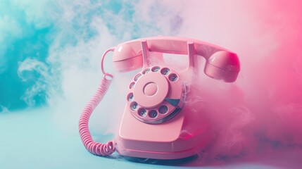  a pink phone sitting on top of a blue and pink cloud of smoke on a light blue and pink background.