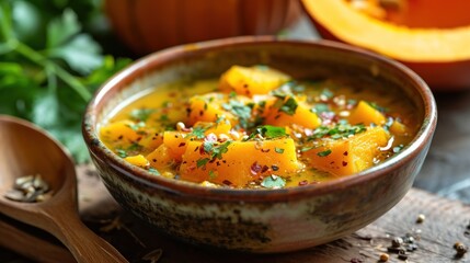  a close up of a bowl of food on a table with a spoon and a pumpkin in the back ground.