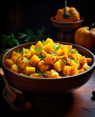  a close up of a bowl of food on a table with two pumpkins in the background and a wooden spoon in the foreground.