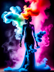 Woman in long dress with colorful smoke coming out of her head.